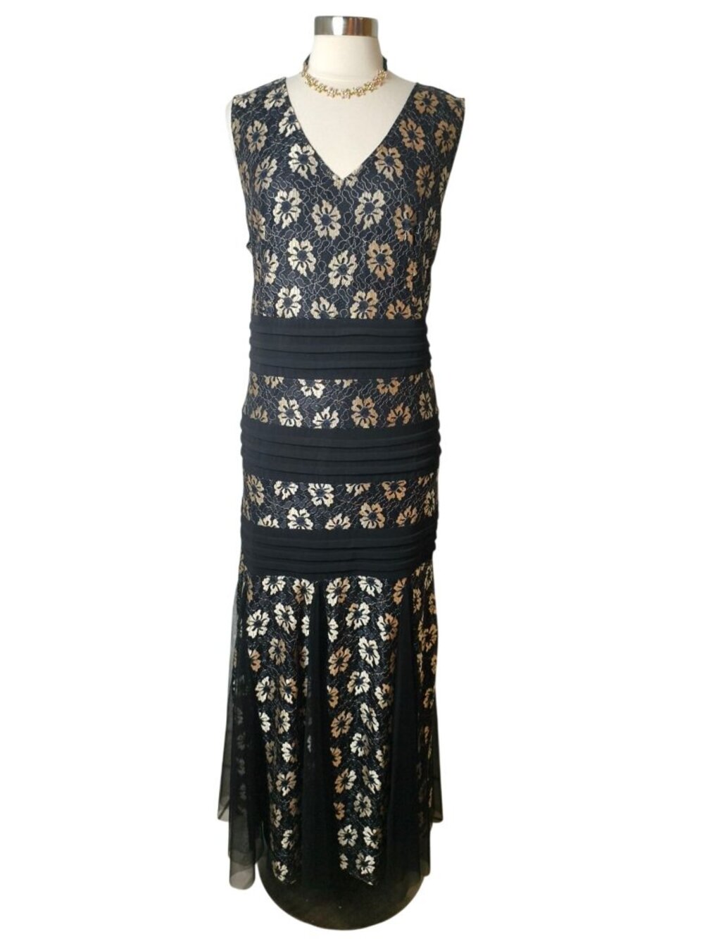 Cardalite Womens 2X Maxi Slvlss Dress Black Gold Lace Gown Sheer Elegant Evening